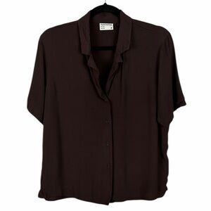 Frank And Oak Brown Blouse Short Sleeve Button Front Draped Collar Medium